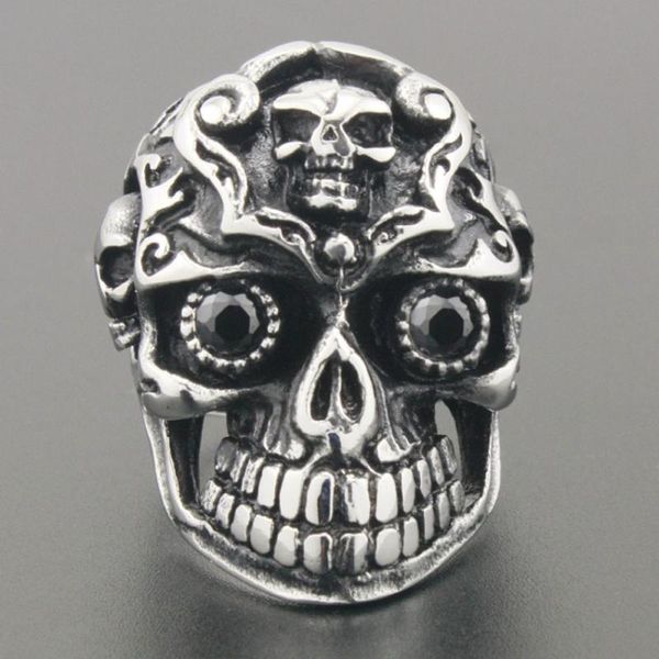 

solid 316l stainless steel skulls black cz eyes mens biker rocker ring 3x002, Golden;silver