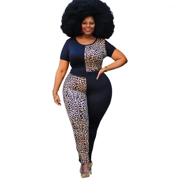 

plus size ladies crew neck short sleeve trousers two piece set fashion leopard panelled designer womens clothing, Gray