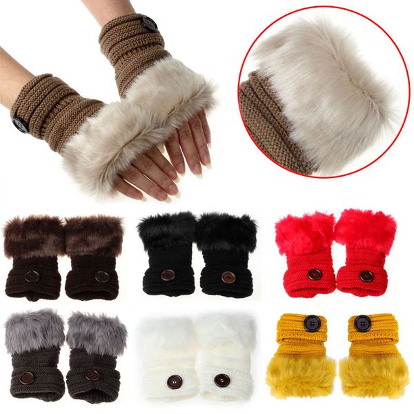 

fashion women faux fur hand wrist crochet knitted fingerless gloves knitting button decor mittens winter autumn warmer, Blue;gray