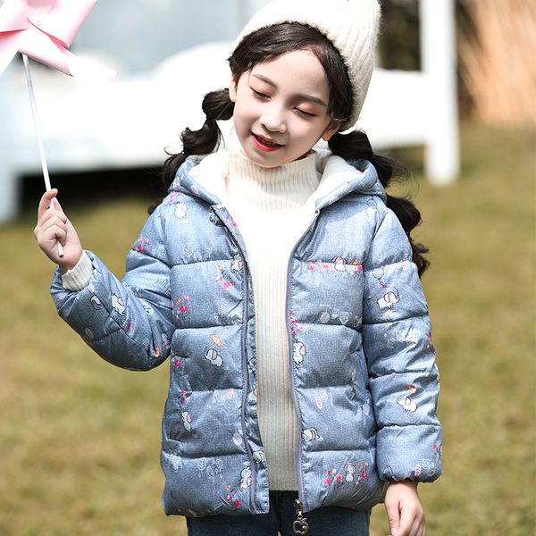

2019 winter baby girls cartoon printed long jacket kids keep warm thick parka plus velvet coats children outerwear girls clothes, Blue;gray