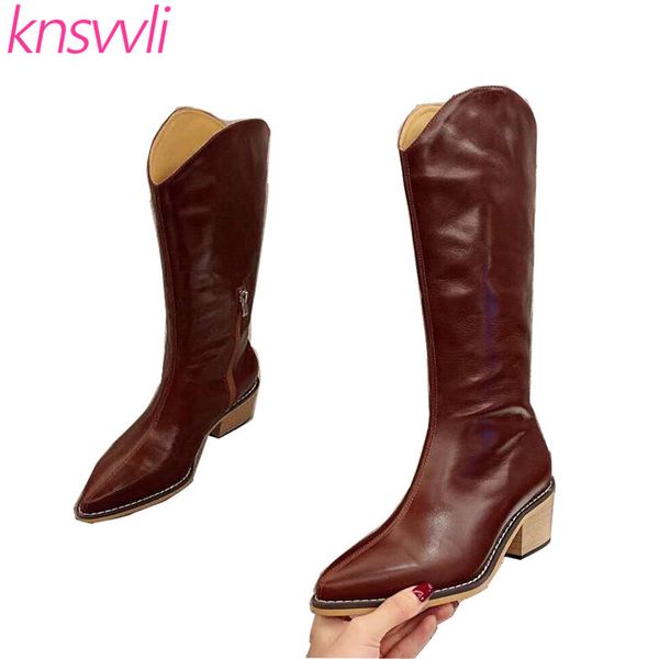 

pointed toe knight boots women leather western cowboy boots designer women's high square kitten heel knee high woman, Black