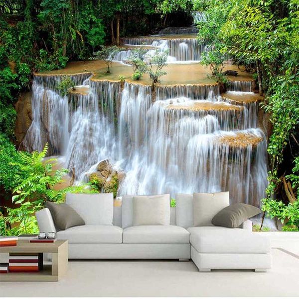 

custom 3d p wallpaper hd green landscape waterfall beautiful tv background mural bedroom living room non-woven 3d wall paper