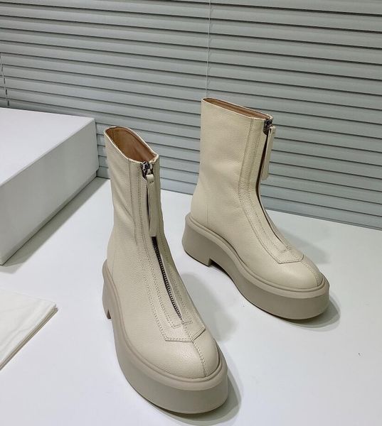 

2020 spring fall fashion womens black ivory real leather chunky style booties front zip up platform rubber biker combat boots