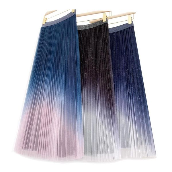 

starry sky gradient maxi tulle skirt long pleated line skirt women's clothing 2020, Black