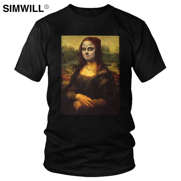 

novelty latest tee for men cotton dia de muertos mona lisa t-shirt short sleeves santa muerte lady of holy death print t shirt