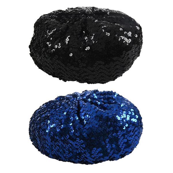 

2 pcs lady costume stretch sparkly shining sequin beret beanie hat black & dark blue, Blue;gray