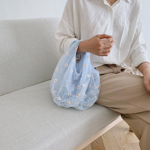 

2020 spring women small transparent tote mesh cloth bag daisy embroidery handbag eco fruit bag purse for girls