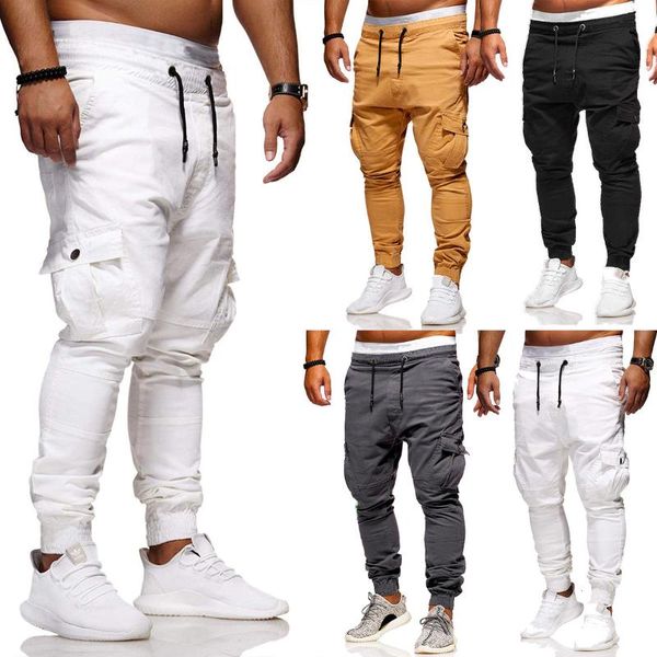 

2020 men's trousers sweatpants multi-pocket men's lace-up elastic sports crotch joggers cargo pants streetwear tracksuit men, Black