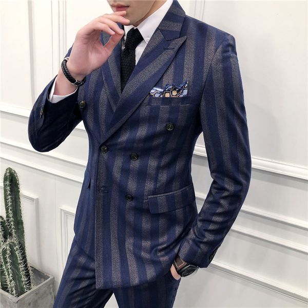 

men's suits & blazers costume hommes slim fit men for wedding double-breasted navy blue mens business formal spring autumn 3 piece suit, White;black