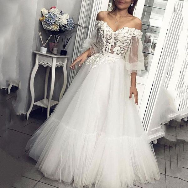 

gorgeous off shoulder see through wedding dresses puffy sheer long sleeves a line bridal gowns appliques lace wedding vestidos, White
