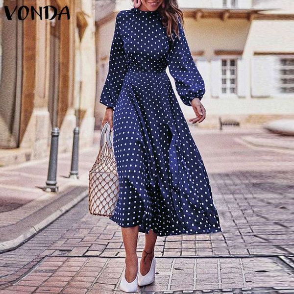 

vonda party dresses 2020 autumn women long sleeve vintage polka dot o-neck dress casual bohemian midi dress pregnancy sundress, White