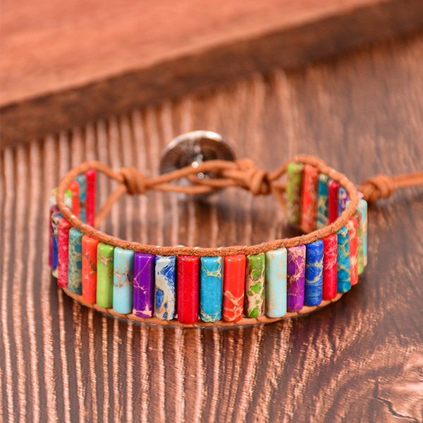 

bohemian chakra bracelet tube shape natural stone single leather rope wrap bracelet women beaded couples dropshipping, Golden;silver