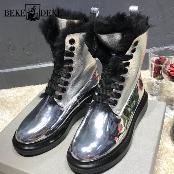 

winter warm sheep shearing mid calf snow boots fashion genuine leather lace up thick bottom round toew plus size boots, Black