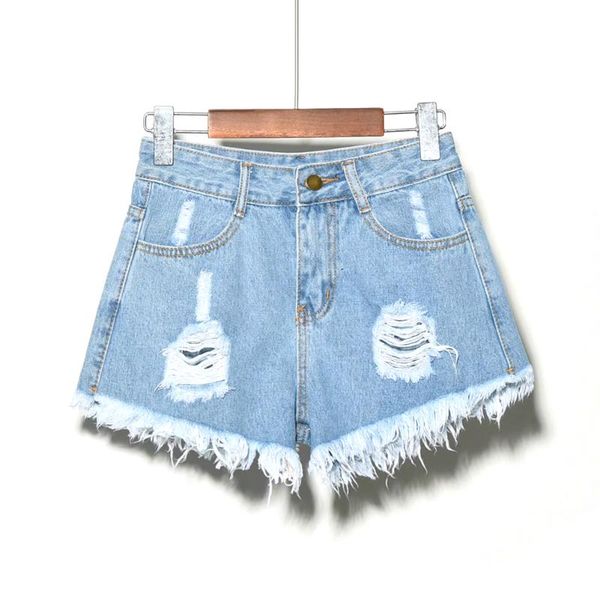 

women's jeans women vintage casual summer pants ripped short holes denim high waist, Blue