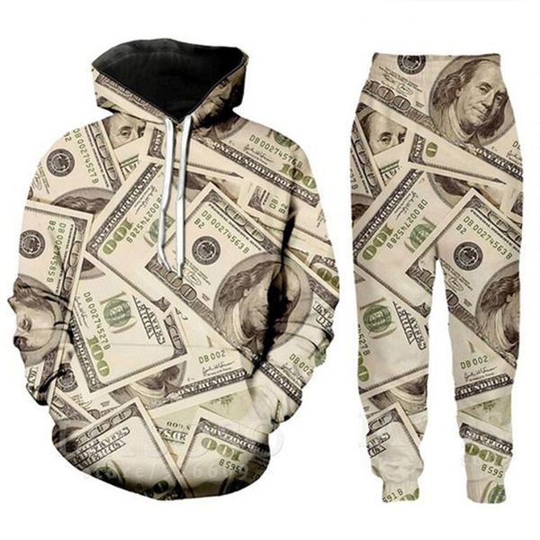 Novos agasalhos de moda masculinos/femininos com padrão de dinheiro dólares estampados em 3D engraçados hip hop calças + moletons T09