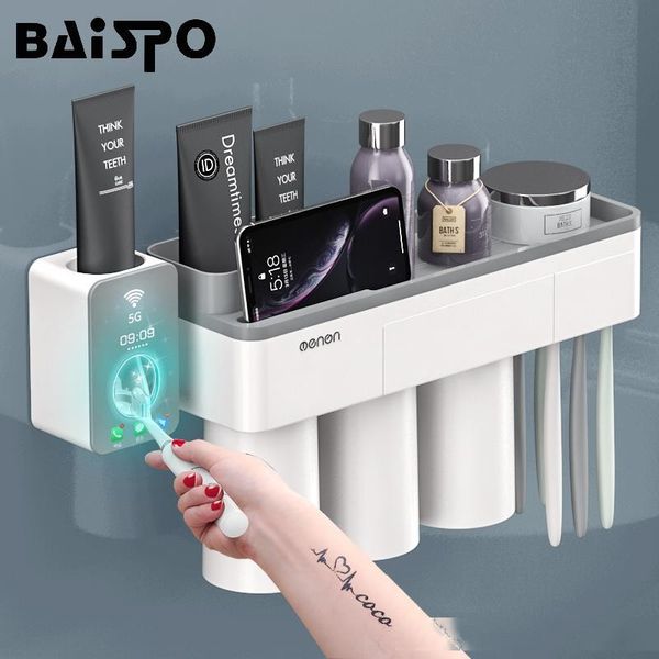 

baispo new magnetic adsorption toothbrush holder with 4 cups wall mounted bathroom storage rack case bathroom accessories set t200506