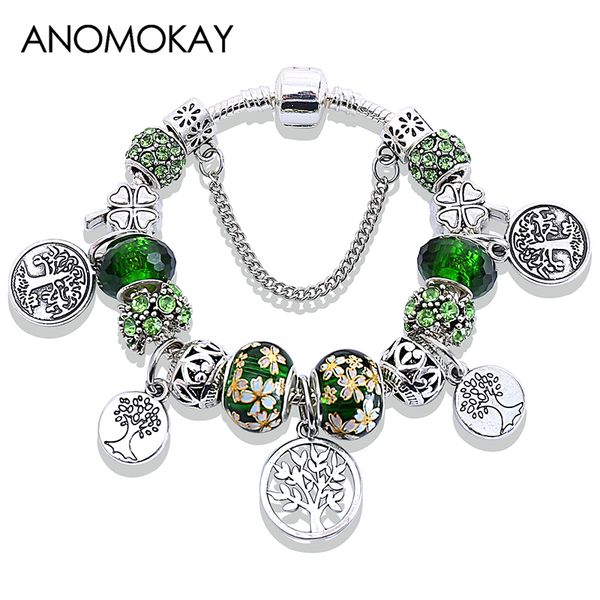 

charm bracelets silver plated tree pendant bangles & green plant bead bracelet heart leaf flower diy jewelry homme, Golden;silver