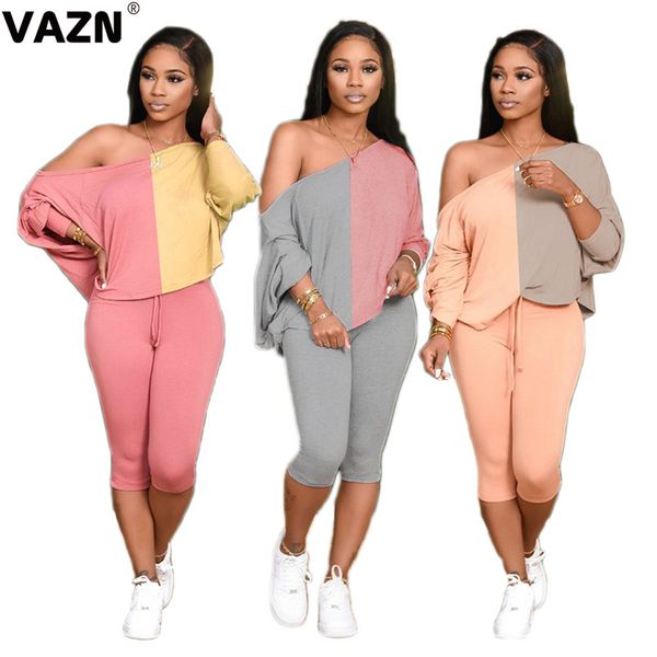 

vazn daily casual 2020 summer lady 3 colors 2-piece set slash neck loose tees mid-calf pants set young girl peatchwork sets, Gray