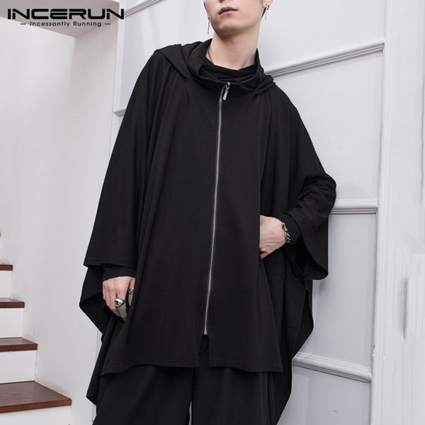 

incerun fashion irregular cape coats men casual hooded cloak coat loose black winter long sleeve zipper outerwear streetwear 5xl, Tan;black