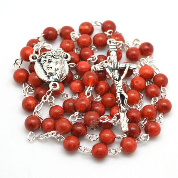 

beautiful red coral round bead catholic rosary handmade necklace, Silver
