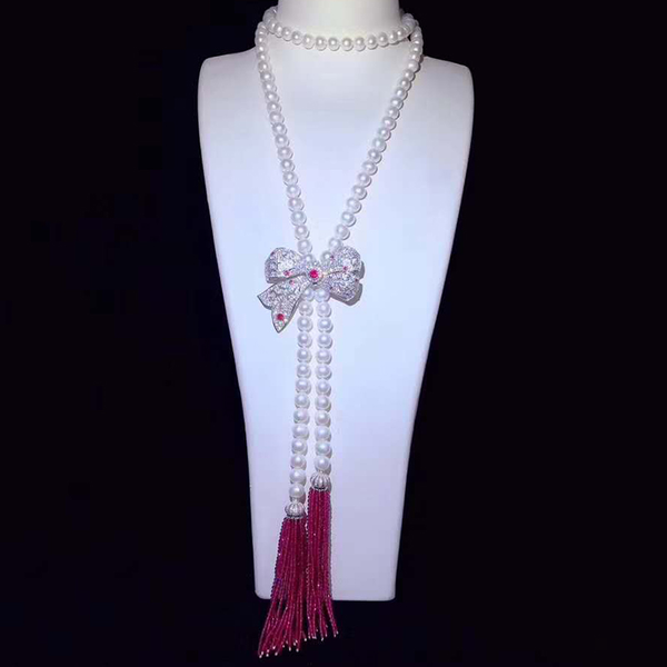 

42" white pearl bowknot tassel necklace cz pendant, Silver