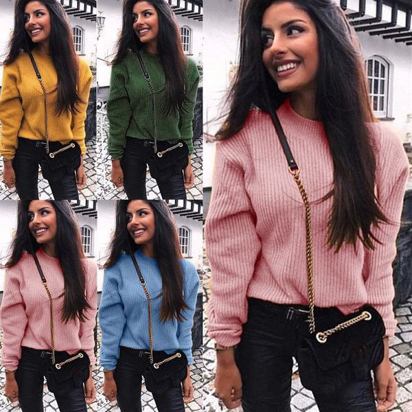 

knitwear women solid color long-sleeved knitted o-neck sweater pink yellow army green and blue regular pullovers, White;black
