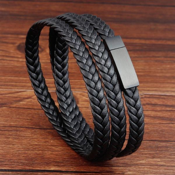 

fashion black genuine leather bracelet black stainless steel clasp multi layer braid rope chain wristband vintage gifts, Golden;silver