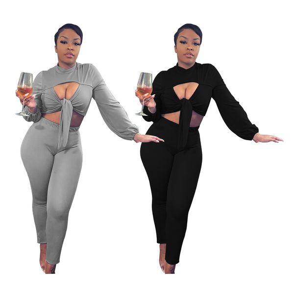 

spring autumn womens designer tracksuits long sleeve solid color hollow out pants 2pcs suit woman two piece outfit, Gray