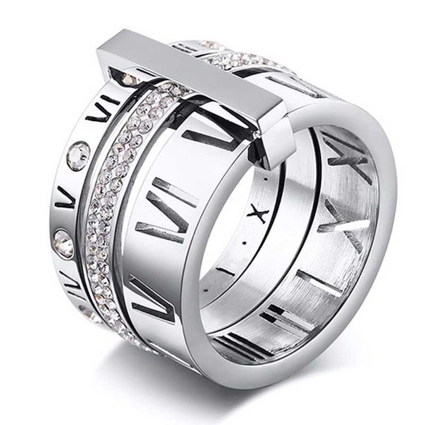 

zirconia roman numerals ring women's stainless steel 3 in 1 party layerd engagement ring, Slivery;golden