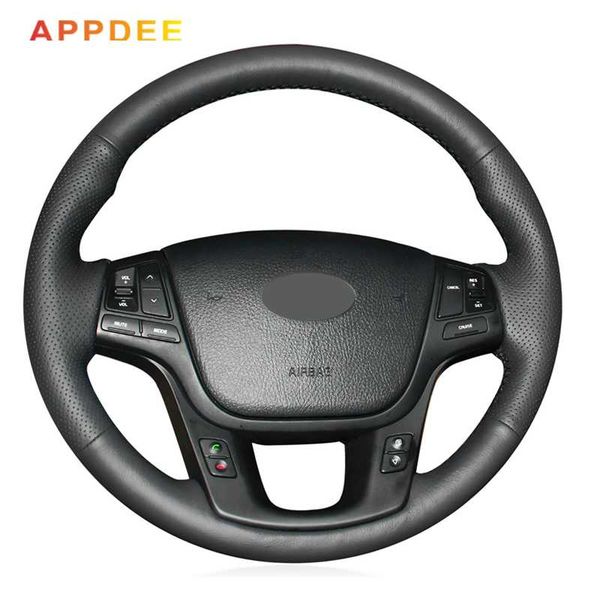 

hand-stitched black leather steering wheel cover for kia sorento 2009-2014