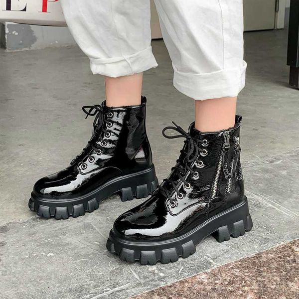

rubber combat boots women shoes leather 2020 black white ankle boots platform women's winter snow shoes lace up large size
