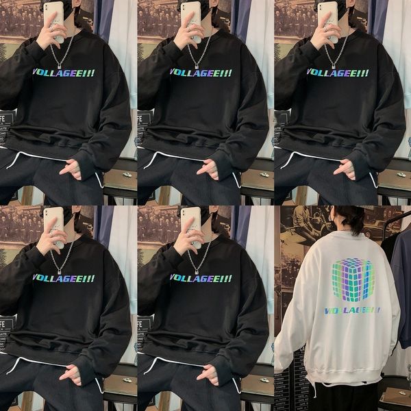 

couple men's round neck loose fashion autumn ins casual all-match hip hop reflective inside coat sweatersweater sweater bf coat fbatu, Black