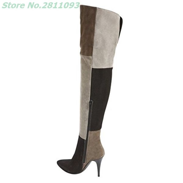 

suede thigh high stiletto heel boots patchwork mixed color pointed toe side zipper over the knee runway ladies boots, Black