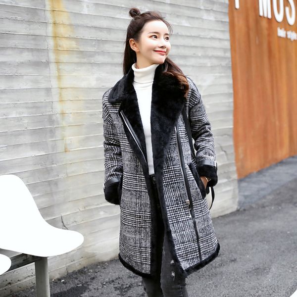 

brand elegant plaid wool blend coat spring winter coat overcoat women patchwork covered warm woolen, Black