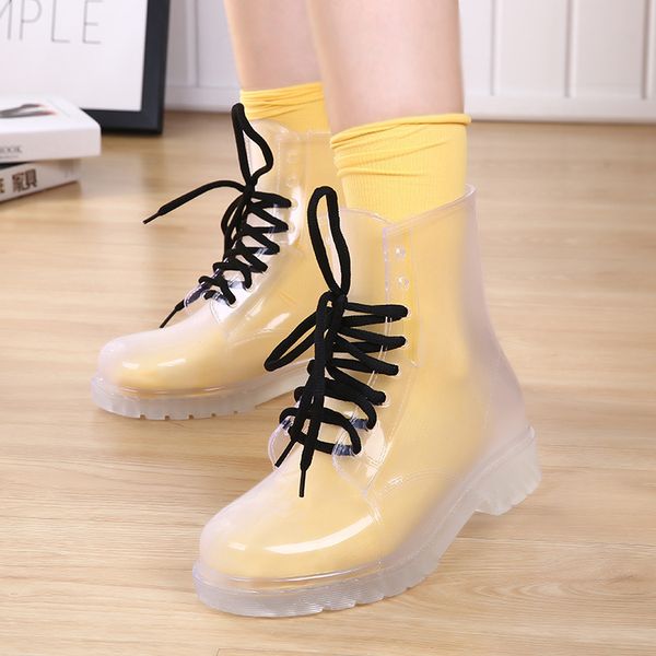 

women rain boots mature lady lace up waterproof lady shoes transparent candy colors ankle outdoor girl's shoes 699, Black