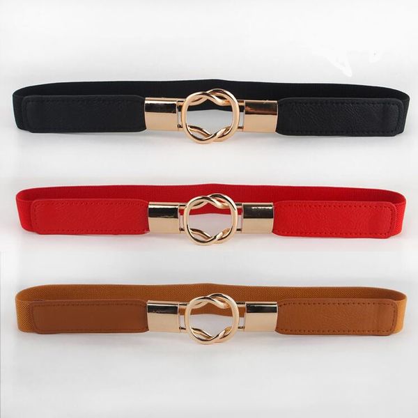

fashion women's belt elastic waistband gold circle buckle small belts red thin cummerbund woman belt strap brown, Black;brown