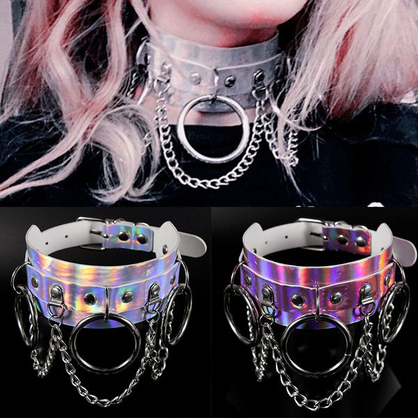 

chokers laser leather chains for women big ring circle pendants punk harajuku egirl fashion accessories female cool jewelry, Golden;silver