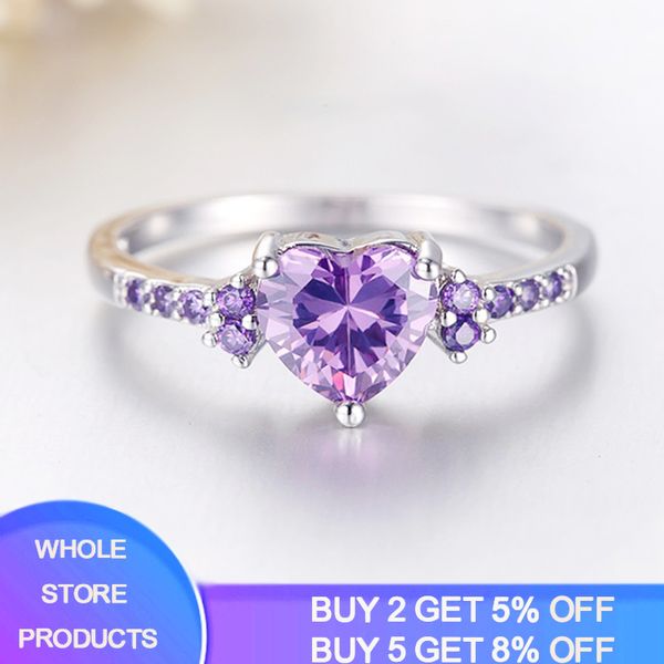 

cluster rings sent certificate fashion women wedding jewelry cute heart design purple crystl amethyst silver 925 ring drop, Golden;silver