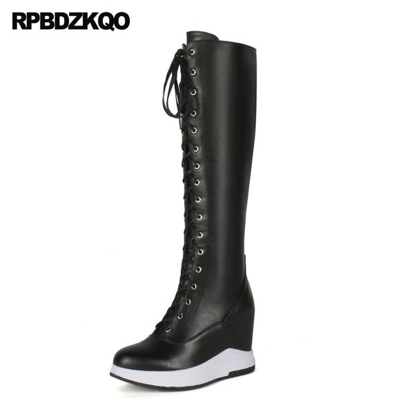 

boots wedge shoes round toe fur height increasing autumn fall casual lace up heel knee women winter 2021 platform, Black