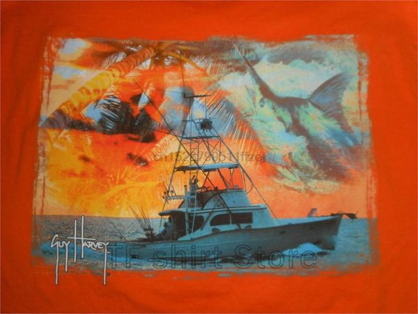 

funny print men t shirt women cool tshirt guy harvey ss pocket t-shirt orange fisherman boat ship mens new md