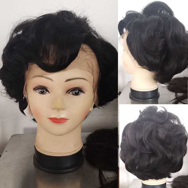 

short wave human hair wig with bangs 8inch 150% density short bob wave lace front wigs for fashion beauty women ing, Black;brown