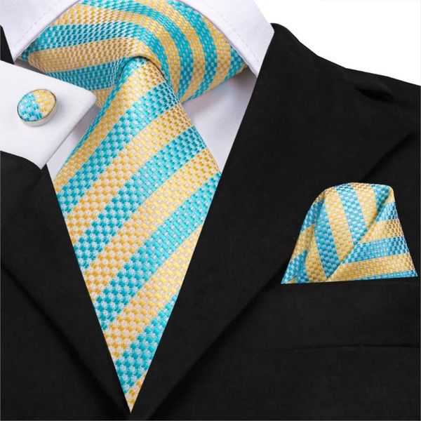 

sn-3134 men tie woven 100% silk necktie new yellow blue striped handkerchief party wedding classic fashion pocket square tie set, Black;gray