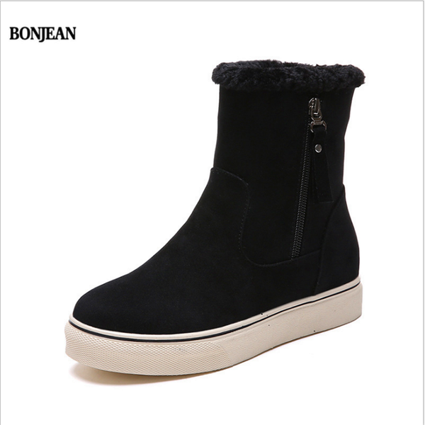 

bonjean waterproof flock 2020 winter shoes women botas mujer ankle snow boots female warm fur plush insole quality zip booties, Black