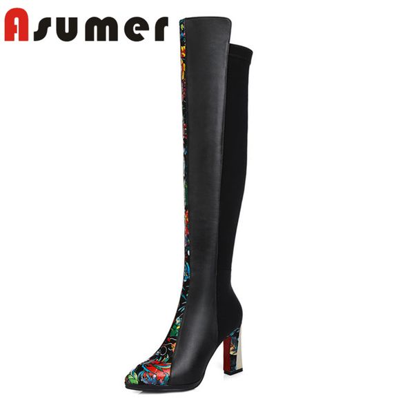 

asumer 2020 new unique over the knee boots for women thick heels genuine leather boots fashion solid high heels size34-39, Black