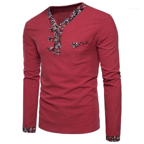 

fashion new clothes mens chinese style v-neck tshirts man autumn long sleeve button patchwork linen tees men, White;black