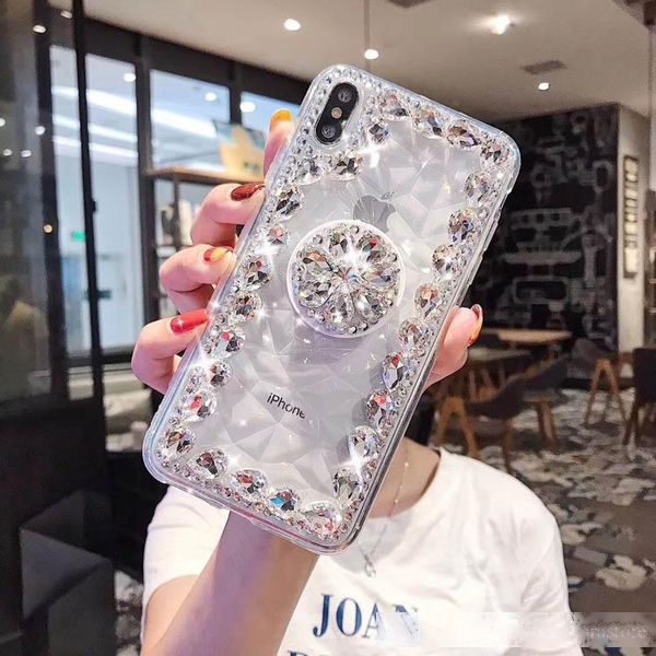 

handmade diamond soft clear case crystal ring holder cases with kickstand 3d grip stand phone cases for iphone 7 8plus xr max 11