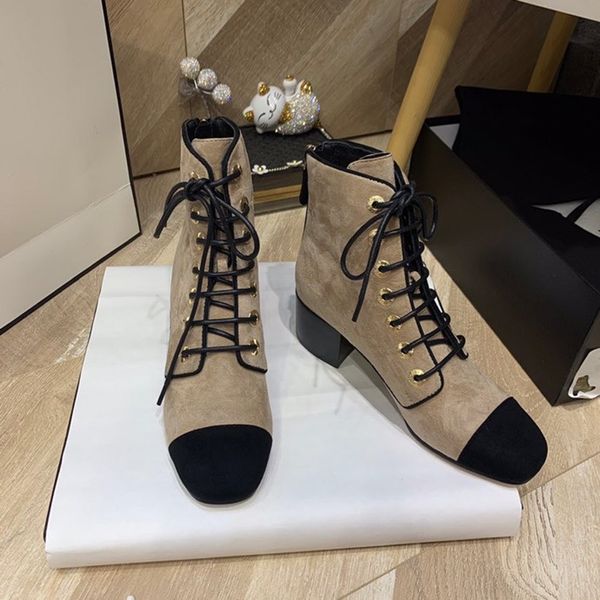 

high heels boots autumn brand design square toe patchwork women shoes lace up ankle female boots, Black
