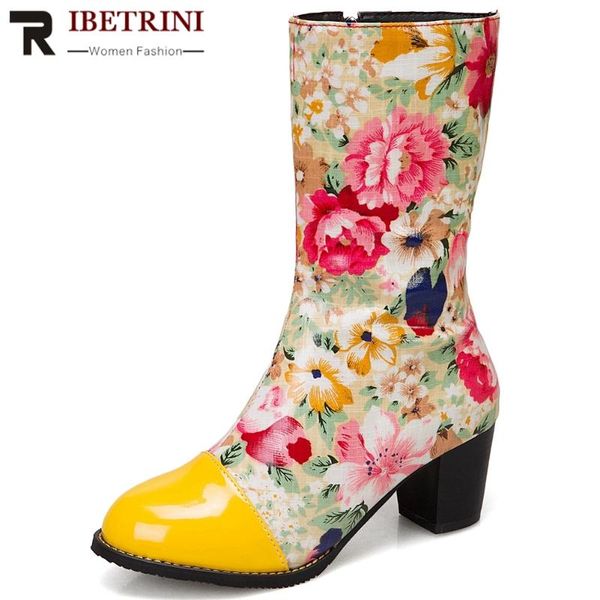 

boots ribetrini women flower round toe sewing zipper high heels mid calf shoes brand classic winter fashion, Black
