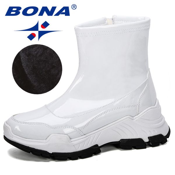 

bona 2020 новый конструктор блестящая кожа зимняя обувь женщина открытый ботильоны женский botas zapatos mujer плюшевые подогреть обувь comf, Black