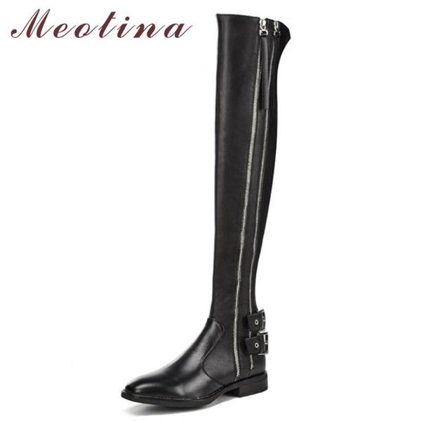 

meotina 2020 зима над коленом сапоги заклепки мотоцикла сапоги мода натуральной кожи езда пряжки толстый каблук zipper black